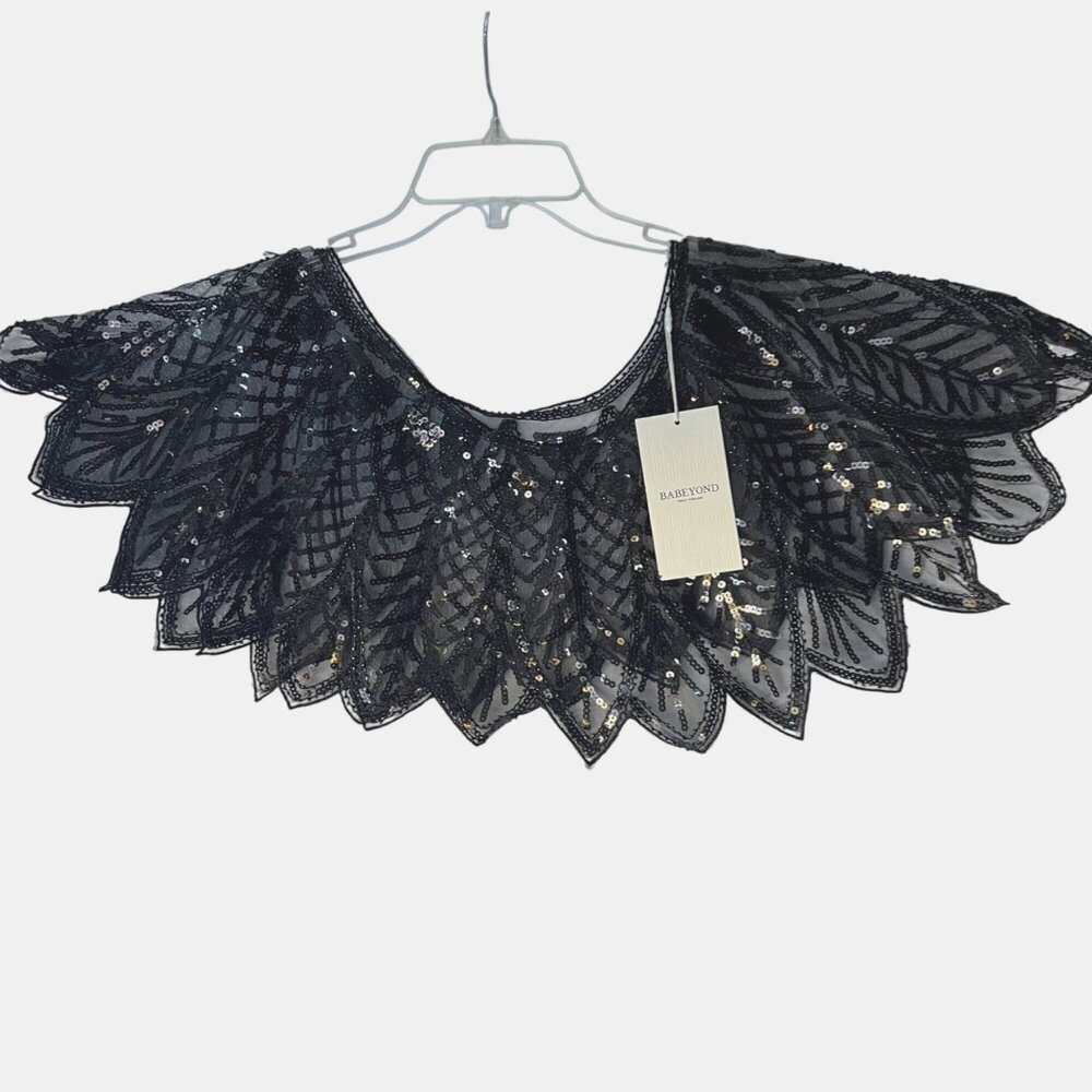 Black Sequin Capelet Leaf Pattern Shawl OS